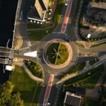 Aerial shot of Dieverbrug roundabout with roads and buildings under golden hour light.